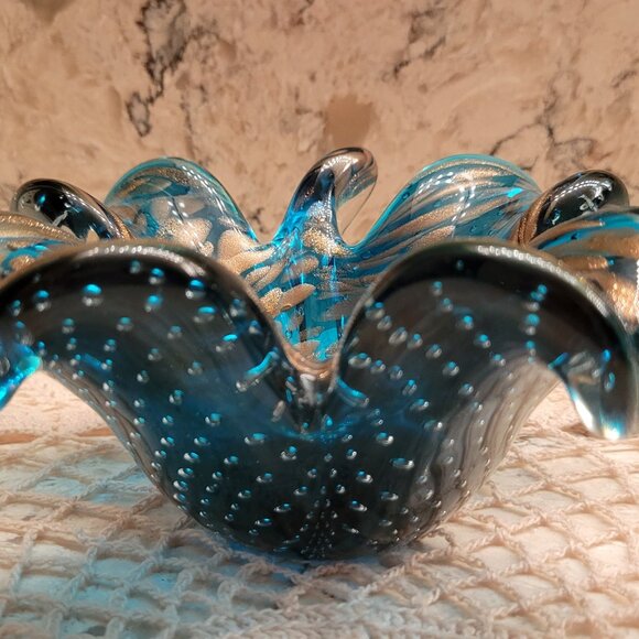 VINTAGE VENETIAN MURANO ART GLASS BOWL BLUE TURQUOISE GOLD SWIRL BUBBLES LEAF - Picture 1 of 9